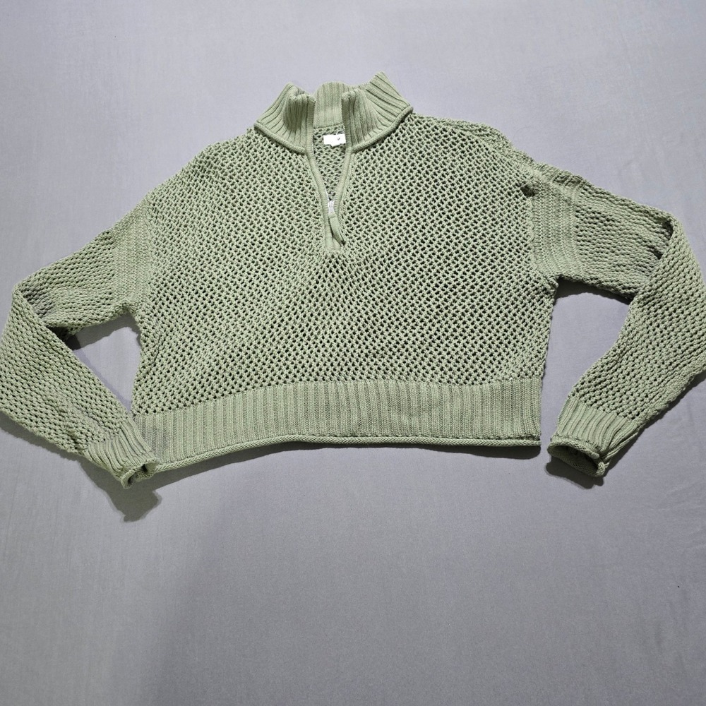 Aerie Crochet Quarter Zip Sweater Pullover Cropped Green XXS